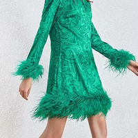 Mini robes à manches longues vertes pour femmes, doublure en A, OEM, personnalisé, entièrement imprimé, garniture en plumes, décontractées