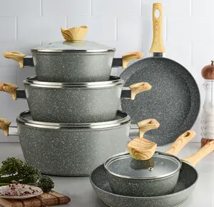 Popular Non Stick Pot 10 Piece Set Marble Casserole Pot Fry Pan Set Die Cast Aluminum Cooking Cookware Set