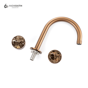 حنفية حوض من الفولاذ المقاوم للصدأ 304 مثبتة على السطح بثلاث فتحات ومقبضين من اليشم ومخرج مزدوج بتصميم كورلنغ بلون ذهبي وردي مصقول - Product Image 4