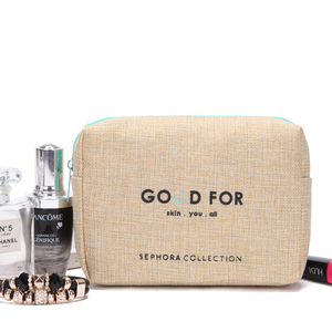 Custom Logo Letter Printed bolsa de maquillaje Tools Storage Organizer Pocket Eco Burlap Makeup Pouch Jute Cosmetic Bag