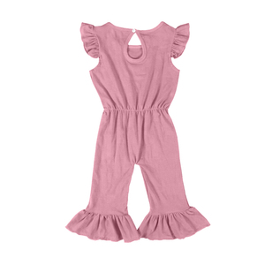 Combinaison en soie de lait pour petites filles, à manches volantées, couleur unie, avec jambes évasées à volants, tenue d'été pour enfants avec découpe au dos - Product Image 6