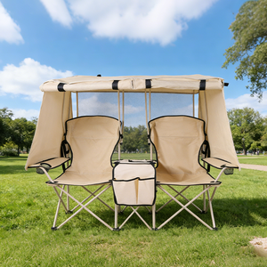 Outdoor Foldable Camping <b>Chair</b> <b>with</b> Canopy 360 Sun Protection <b>Storage</b> Bag Two-Person Fishing Beach Picnic Stainless Steel - Product Image 1