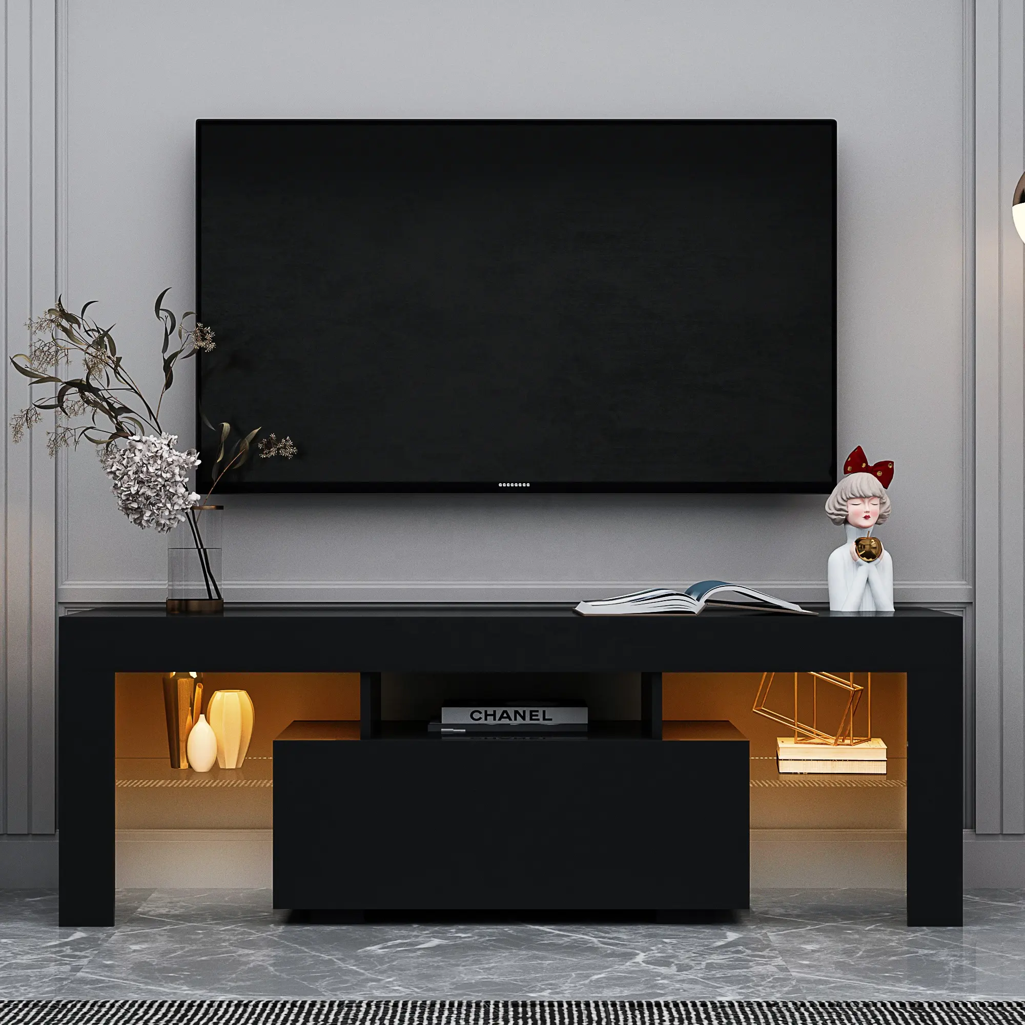 Schwarzer TV-Ständer mit LED-RGB-Lichtern, Flachbildschirm-TV-Schrank, Spielkonsolen-im Wohnzimmer, Wohnzimmer und Schlafzimmer (schwarz)