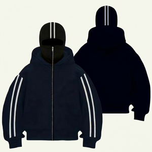Mens Black Zip Up <b>Hoodie</b> Full Face Cover Balaclava <b>White</b> Striped Sleeve Oversized Streetwear Hooded Jacket Y2K Hip Hop <b>Hoodie</b> - Product Image 4