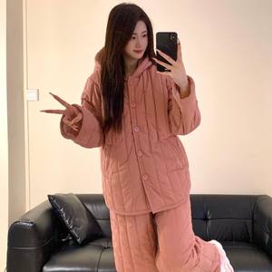 Ensemble de vêtements de nuit pour femmes en coton à capuche de style coréen, automne hiver, doublure en polaire épaisse, rose, vêtements de maison - Product Image 2