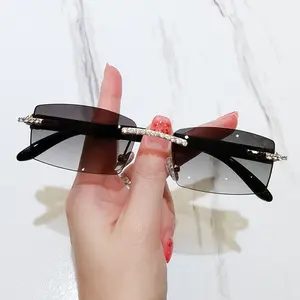 #3762 Vintage Leopard Rectangle Rimless Sun Glasses Sun Luxury Frame Women Men Retro Sunglasses Diamond Sunglass