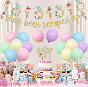 Décorations pour fête de mariage sur le thème de la crème glacée : bannières, guirlande florale, décorations pour cupcakes, décorations pour gâteaux, ballons en macaron à l'hélium - Product Image 2