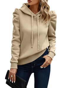 <b>Women's</b> Pullover Hooded Sweatshirt Puff Sleeve Solid Color Long Sleeve Casual <b>Hoodie</b> for Autumn Winter - Product Image 1