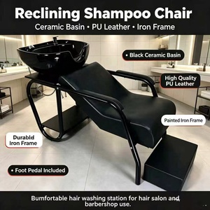 Fauteuil de lavage moderne en cuir PU noir avec bac en fibre de verre durable pour salon de coiffure - Haute qualité - Product Image 2