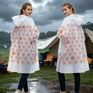 Poncho de Lluvia Desechable de PE, Blanco con Estampado de Sakura Rosa, Impermeable con Capucha para Adultos, para Festivales al Aire Libre y Viajes - Product Image 2