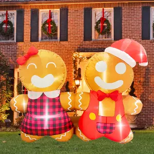 4FT 48inch Quick Inflatable Gingerbread Man Couple Christmas Decoration With LED Lights Xmas Season Festive Outdoor Yard