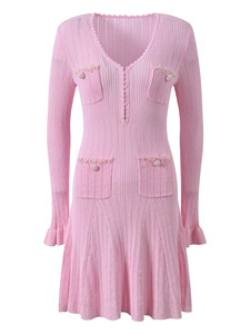 Bettergirl Nuovo Arrivo Primaverile Abito Corto a Linea A <span class=keywords><strong>in</strong></span> <span class=keywords><strong>Maglia</strong></span> <span class=keywords><strong>Rosa</strong></span> con Scollo a V e Maniche Lunghe - Product Image 5