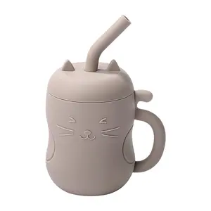 Wholesale Bpa Free Silicone Straw Cup Cat Animal Non Spill Toddler Trainer Sippy Baby Cups with Straw Silicone Drinking Cup