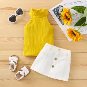 2022 girls summer clothes set children yellow vest a line skirts 2pcs outfit girls sleeveless solid t-shirt