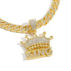 새로운 힙합 보석 편지 왕 크라운 펜던트 목걸이 쿠바 체인 포장 다이아몬드 골드 크라운 목걸이