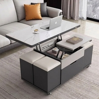 Table basse de style scandinave moderne avec roulettes, plateau en pierre réglable en hauteur et compartiments de rangement