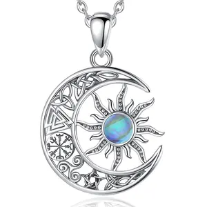 Changda 925 Sterling silver moonstone viking jewelry celtic irish knot moon and sun pendant necklace