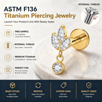 Aopo ASTM-F136 G23 Titane Clou de Labret Sans Filetage à Poussoir, Motif Méduse, Hélix Avant, Lobe, Fleur, Zircone Cubique, Bijou Corporel 16G