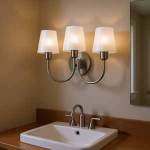 Applique murale moderne à 3 lumières pour salle de bain, finition nickel brossé, abat-jour en verre dépoli, sans ampoules - Product Image 2