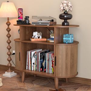 Soporte para Tocadiscos <span class=keywords><strong>de</strong></span> Madera Maciza Grande con Estación <span class=keywords><strong>de</strong></span> Carga, Puertos USB y Gabinete <span class=keywords><strong>de</strong></span> Almacenamiento <span class=keywords><strong>de</strong></span> Discos, Estilo Moderno <span class=keywords><strong>de</strong></span> Mediados <span class=keywords><strong>de</strong></span> Siglo - Product Image 3