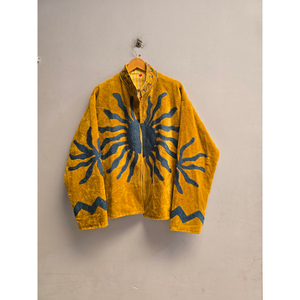 Veste zippée en daim jaune pour femme avec col montant et imprimé motif soleil, design épaules tombantes, manteau décontracté vintage pour l'automne - Product Image 5