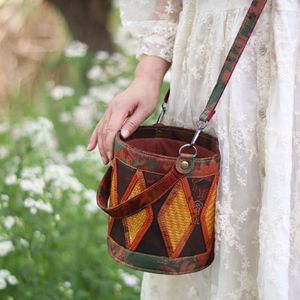 Bamboo Woven Bucket Bag With Diamond Pattern Vintage Style Crossbody Bag For Women All Seasons Water Resistant - Product Image 1