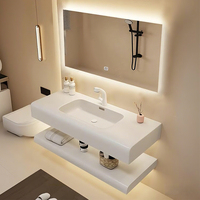 Meuble-lavabo mural moderne en pierre artificielle avec vasque en quartz blanc étanche et miroir intelligent