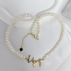 2022 gioielli da donna di nuova moda coppia d'amore ciondolo adorabile collana di perle d'acqua dolce con collegamento di estensione placcato in oro