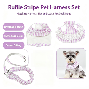 Ensemble de vêtements pour animaux de compagnie en maille rayée à volants avec harnais, chapeau et laisse, gilet respirant réglable pour la promenade des petits chiens, vêtements pour animaux - Product Image 3
