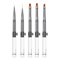 Nouveau design rétractable sans capuchon, manche professionnel en acrylique transparent, lot de 5 pinceaux stylo pour nail art avec pointes pour peinture au gel UV