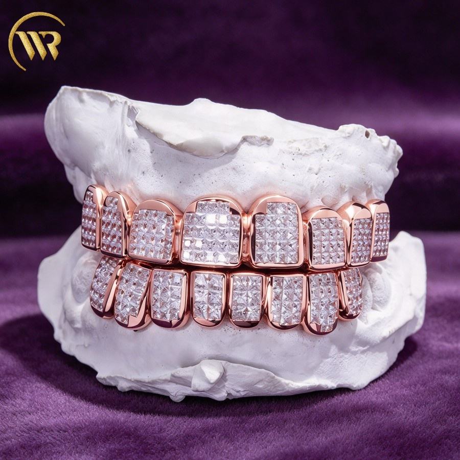 Custom Teeth Grillz Silver Grillz Invisible Set Princess Cut Moissanite ...