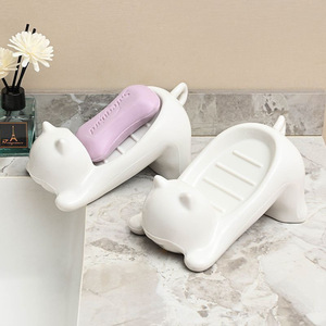 Cute Simple Cartoon Cat Soap Box Shiny White Pink Decorative Plastic Water Fertilizer Rack Fun Bathroom <b>Storage</b> - Product Image 4