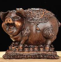 Statue de cochon en résine plaquée or brillant, sculptée à la main, avec détails de pièces de monnaie, représentant la prospérité traditionnelle chinoise, écologique, pour la maison