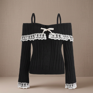 Suéter de Punto con Hombros Descubiertos y Lazo en la Parte Delantera para Mujer, Talla L, Color Negro - Product Image 3