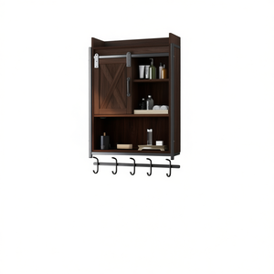 Étagère de rangement murale 3 niveaux en bois pour salle de bain, à fixer au-dessus des toilettes, avec 3 crochets, design rustique - Product Image 1