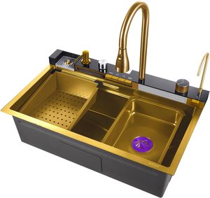Tiktok nueva tendencia Golden Nano negro 304 una pieza taza automática lavadora Piano pantalla Digital cascada grifo fregaderos de cocina - Product Image 1