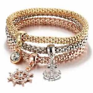 Conjunto de pulseras elásticas de aleación de tres colores para mujer, joyería, 3 pulseras de cadena con abalorios de mariposa de diamante