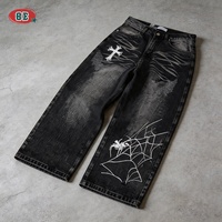Jean baggy à jambe large pour homme, imprimé toile d'araignée et croix gothique, délavé vintage, style Dark Academia Grunge Y2K Hip Hop, personnalisé OEM