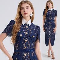 Robe décontractée de grande taille personnalisée Robe moulante pour femmes à la mode à la française avec broderie en dentelle et revers de couleur contrastante avec poches en 3D