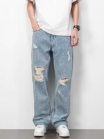 Pantalon en jean large pour homme, coupe droite, bleu clair délavé, style baggy, personnalisable