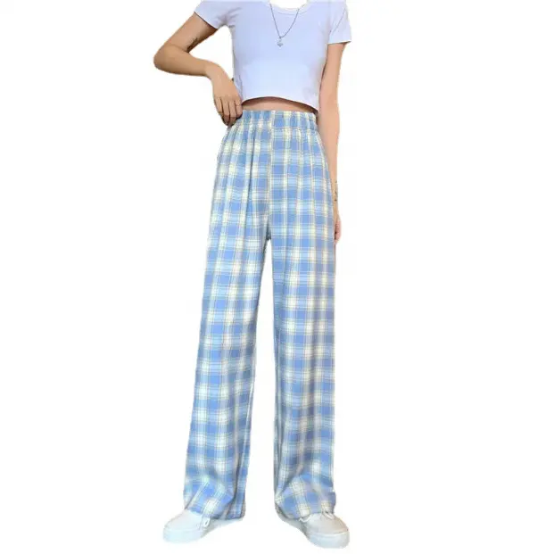 2022 New Arrivals Wholesale High Quality Soft Women's Sleepwear Pajama Bottom Lounge Plaid Wide Leg Pajama Pants for Women