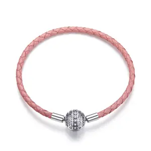 Non Tarnish Pink Braided Leather Charm Bracelet 925 Sterling Silver Round Clasp Bracelet Jewellery for Women