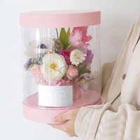 Boîte à fleurs cylindrique rigide transparente avec poignée en ruban pour emballage de bouquet, en carton gris fait main
