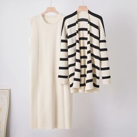 Ensemble jupe et pull en tricot patchwork en coton mercerisé rayé anti-rides pour femme, coupe ample, mi-longueur, deux pièces, décontracté, hiver