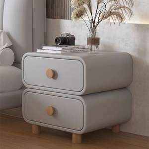 Cream-colored Leather Nightstand 2-Drawer Modern Bedroom Storage <b>Cabinet</b> Assembled <b>Small</b> Size - Product Image 3