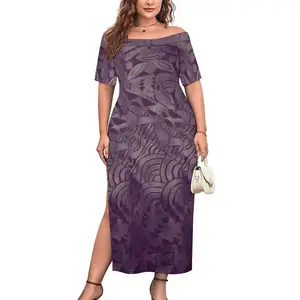 Gaun panjang bahu terbuka seksi desain Tribal Polinesia berkelanjutan 1 MOQ gaun panjang ukuran besar dengan belahan tinggi