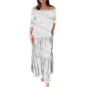 Weiß Sonntag 2022 Samoan Polynesian Kleid Milch Seide Weiß Rüschen Mehrstufiges Kleid Eine Schulter Plus Size Damen kleider 8XL