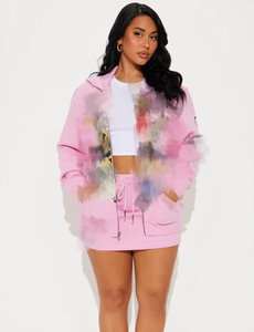 可爱春季两件套女式印花卫衣拉链连帽衫短款上衣和抽绳半身裙两件套半身裙套装 - Product Image 5