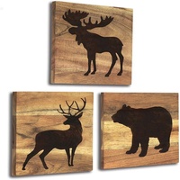 Ensemble de 3 tableaux muraux en bois véritable, ours et élan, décoration rustique de cabane forestière pour la maison, salon, thème de la chasse, cadres en bois