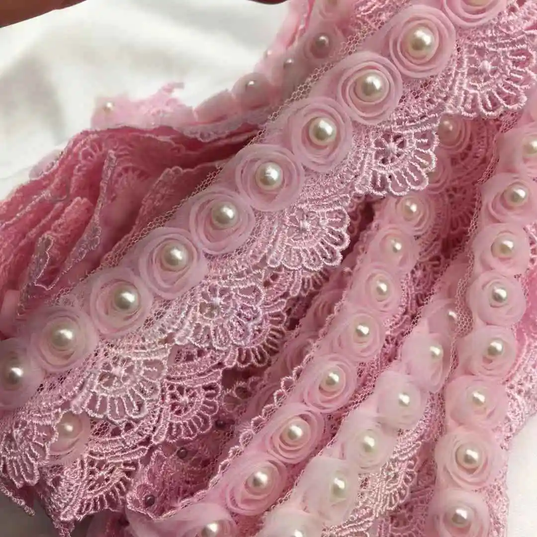 fashion crystal rhinestone beaded chiffon flower polyester lace trimming